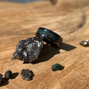 Real Emerald ring, metorite chunks, crystal ring, meteorite ring, gemstone rings mens ring womans ring, wedding band, engagement band