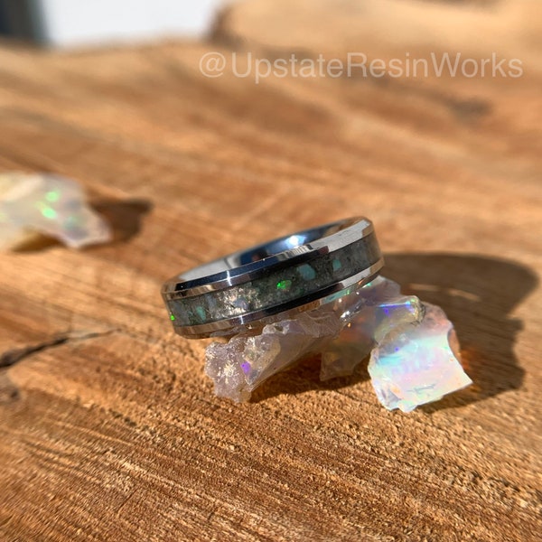 Real Moss Agate Band, Moss agate and opal, Moss Agate Ring, Dendritic Moss Agate Band, vow renewal, wedding band, engagement band, promise