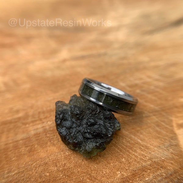 Genuine Moldavite ring, tektite ring, meteorite glass, Tungsten band, gemstone rings, mens ring womans ring, wedding band, engagement ring