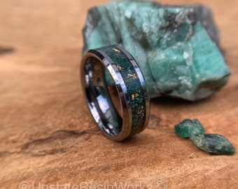 Genuine emerald ring, 24k gold, crystal, gemstone ring, Tungsten, wedding ring, promise ring, Anniversary Band, for him, for her, 6mm, 8mm