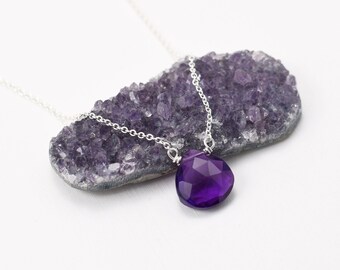 Floating Tiny Amethyst Necklace, Dainty Gemstone Necklace, Faceted Gem, February Birthstone, Gift for Her, Minimalist Amethyst Pendant Drop