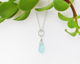 Dainty Aqua Chalcedony Teardrop Necklace, Wire Wrapped Dangling from Sterling Silver Circle