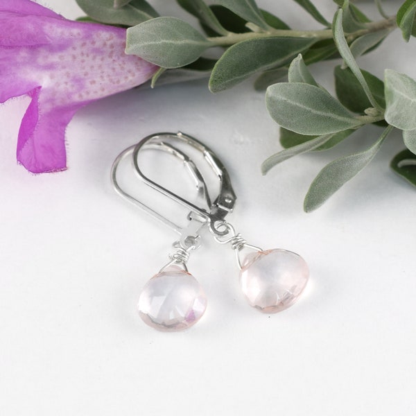 Rose Quartz Leverback Earrings, Simple Silver Pale Blush Gemstone Dangles, Dusty Pink Briolettes, Wire Wrapped Gem Teardrops, Gift for Her