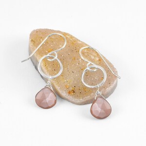 Chocolate Moonstone and Sterling Silver Circle Dangle Earrings, Brown Moonstone Briolettes, Dainty Small Disc Dangles