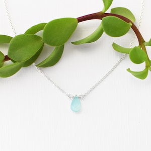 Dainty Aqua Chalcedony Necklace, Tiny Faceted Gemstone Necklace, Blue Green and Silver Chain, Simple Gem Necklace, Gift for Her