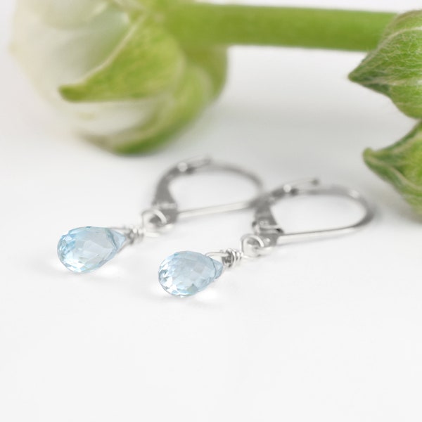 Swiss Blue Topaz Dangle Earrings, Simple Silver Leverback, Dainty Sky Gemstone Drops, December Birthstone, Tiny Briolette Jewelry for women