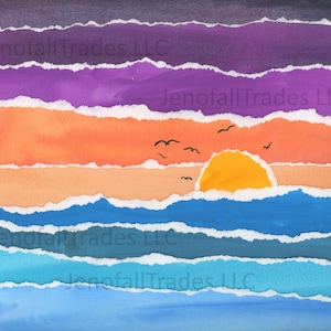 Ocean Sunset/Sunrise Original Torn Paper Collage scarica la scansione stampa ad alta risoluzione grafica grafica per la casa