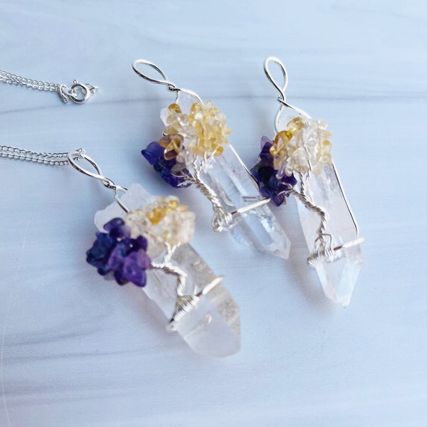 Clear Quartz Pendant | Amethyst & Citrine Chips | 24" Chain | Tree of Life Pendant | Handmade | Wire Wrap