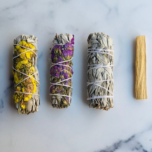 White Sage Stick, Yellow Flower, Purple Flower, Palos Santos 5", w/ Instructions, Home, Space, Clearing, Cleansing [U PICK]