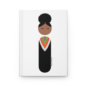 May include: A black and white illustration of a person with a black afro bun, wearing a colorful patterned necklace and a black dress. The illustration is on a white background.