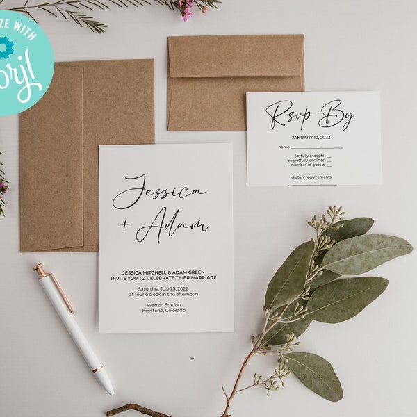 Simple Boho Wedding Invitation Card Template | Printable Wedding Invitation Suite | Downloadable Wedding Invites and RSVP Card | M21