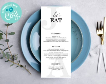 Modello di biglietto stampabile per menu di nozze elegante / Menu di cibo personalizzato / Carte di menu per ricevimento di nozze classiche modificabili / CC5