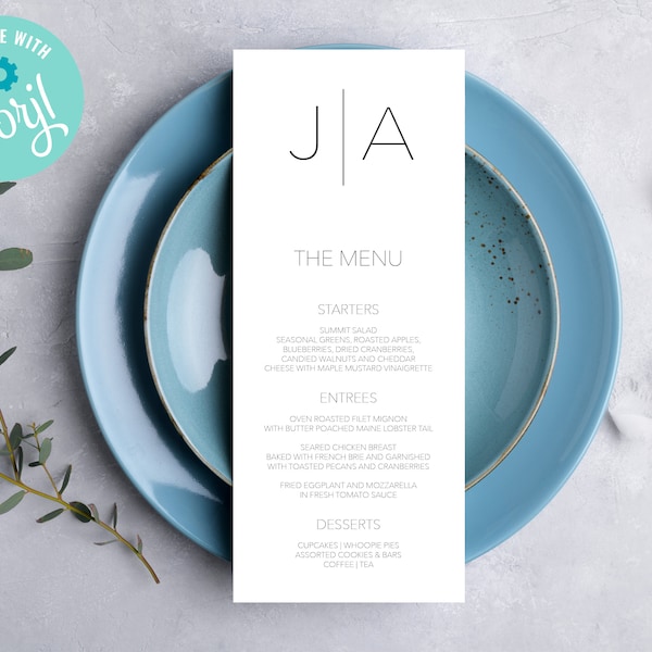 Printable Modern Wedding Monogram Menu Template |  Editable Wedding Food Menu | Minimalist Wedding Menu Card for Reception | CC4