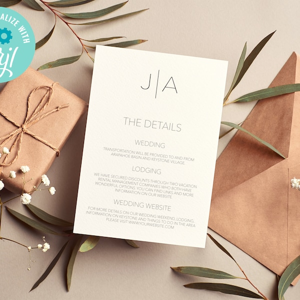 Modern Monogram Wedding Details Card Template | Printable Wedding Information Card | Downloadable Wedding Details Insert | CC4