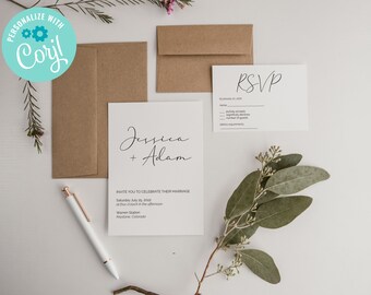 Printable Boho Wedding Invitation with RSVP Card Template | Modern Wedding Invites | Editable Wedding Invitation Download | M31