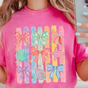 Comfort Colors Summer Beach Tee | Girly Beach Bows & Seashells T-Shirt | Colorful Summer Graphic Tee image 4