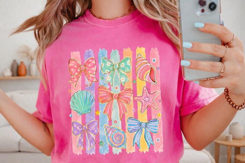 Comfort Colors Summer Beach Tee | Girly Beach Bows & Seashells T-Shirt | Colorful Summer Graphic Tee image 4