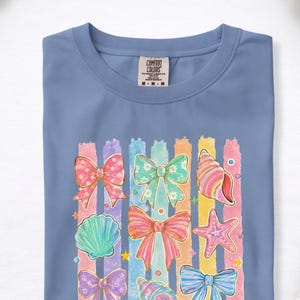 Comfort Colors Summer Beach Tee | Girly Beach Bows & Seashells T-Shirt | Colorful Summer Graphic Tee image 6