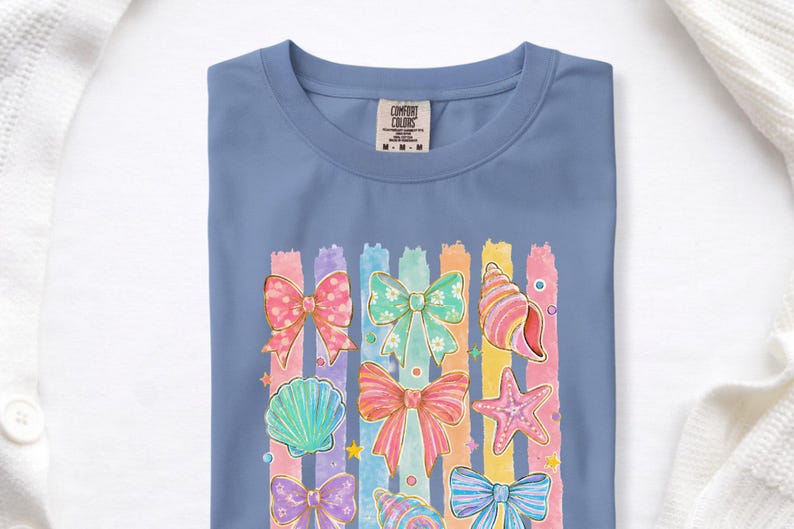 Comfort Colors Summer Beach Tee | Girly Beach Bows & Seashells T-Shirt | Colorful Summer Graphic Tee image 6
