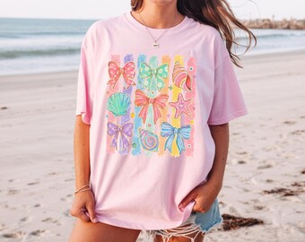 Comfort Colors Summer Beach Tee | Girly Beach Bows & Seashells T-Shirt | Colorful Summer Graphic Tee