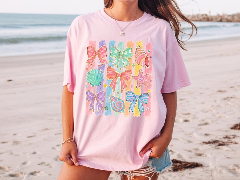 Comfort Colors Summer Beach Tee | Girly Beach Bows & Seashells T-Shirt | Colorful Summer Graphic Tee image 1