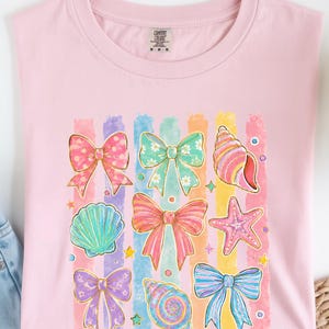 Comfort Colors Summer Beach Tee | Girly Beach Bows & Seashells T-Shirt | Colorful Summer Graphic Tee image 8