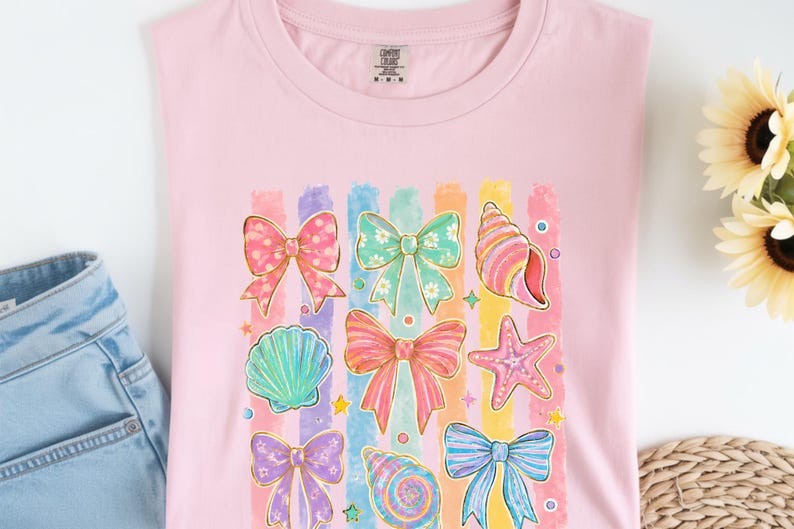 Comfort Colors Summer Beach Tee | Girly Beach Bows & Seashells T-Shirt | Colorful Summer Graphic Tee image 8