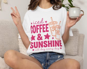 Iced Coffee & Sunshine T-shirt | Retro Pink Drink Graphic, Summer Vibes