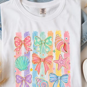 Comfort Colors Summer Beach Tee | Girly Beach Bows & Seashells T-Shirt | Colorful Summer Graphic Tee image 2