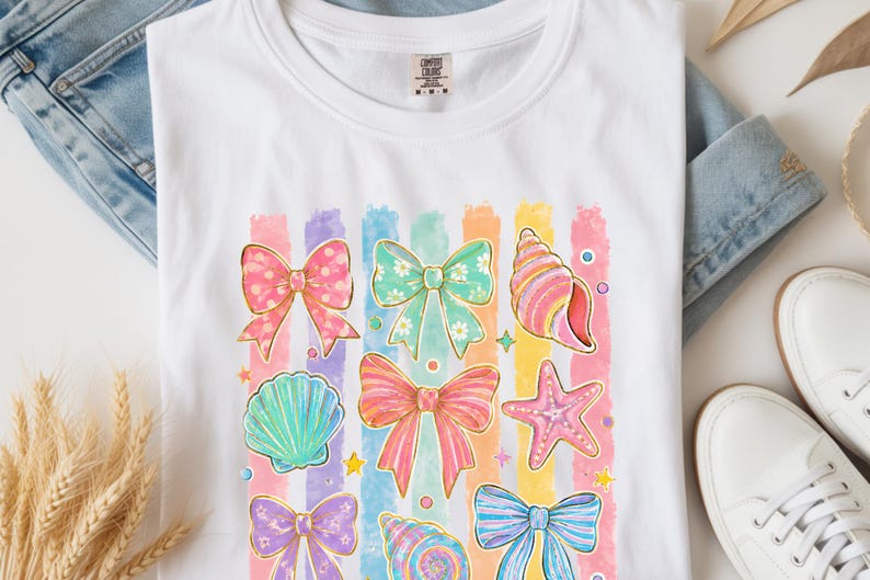 Comfort Colors Summer Beach Tee | Girly Beach Bows & Seashells T-Shirt | Colorful Summer Graphic Tee image 2