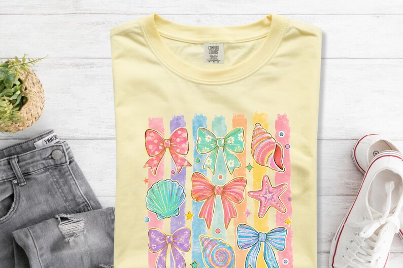 Comfort Colors Summer Beach Tee | Girly Beach Bows & Seashells T-Shirt | Colorful Summer Graphic Tee image 3