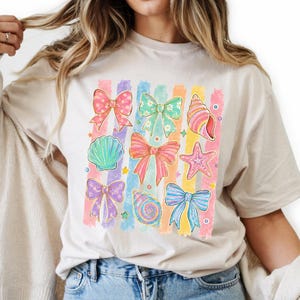 Comfort Colors Summer Beach Tee | Girly Beach Bows & Seashells T-Shirt | Colorful Summer Graphic Tee image 5