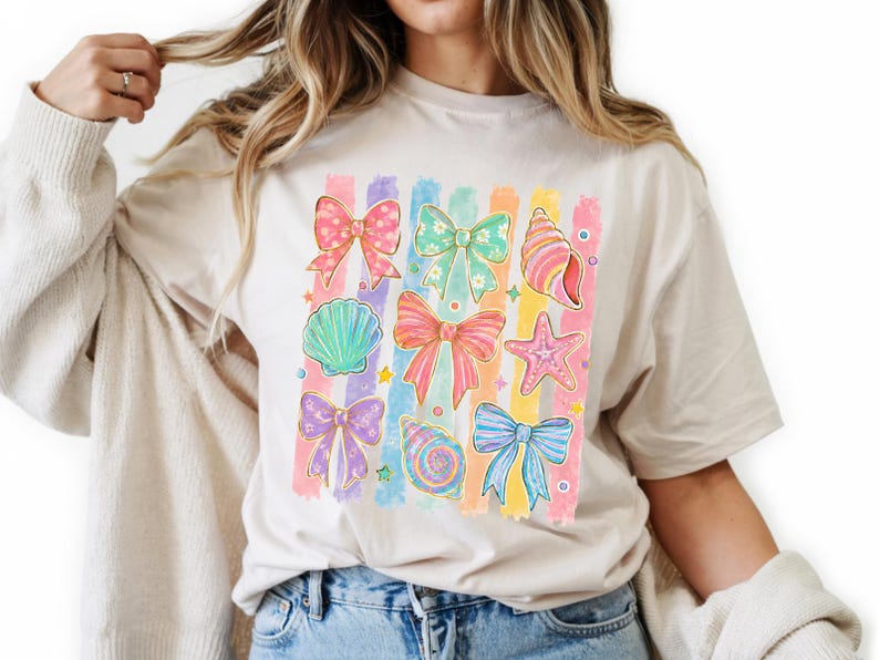 Comfort Colors Summer Beach Tee | Girly Beach Bows & Seashells T-Shirt | Colorful Summer Graphic Tee image 5