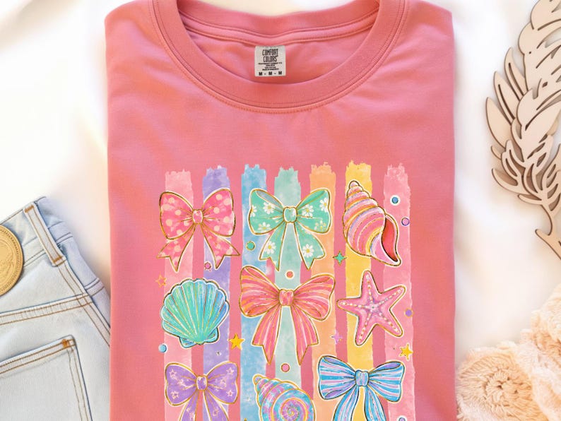Comfort Colors Summer Beach Tee | Girly Beach Bows & Seashells T-Shirt | Colorful Summer Graphic Tee image 7