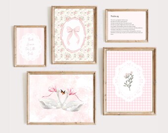 Pink Coquette Nursery Prints, Floral Bow, Bible Verse (Digital Download, Set of 5)