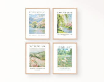 Christian Gallery Wall Art Set | Vintage Landscape Bible Verse Prints (Digital Download)