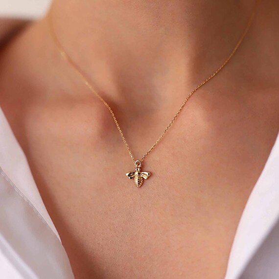 Tiny 14k Solid Gold Bee Necklace 14k 