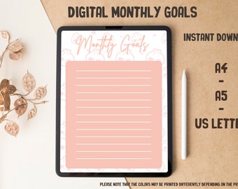 Digital Monthly Goals - Instant Download - Organization - Planification