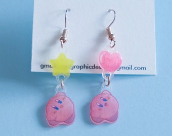 Kirby earrings - kirby earrings - handmade earring- gift - charm - shrink plastic earring - nintendo fan - pink jewelry