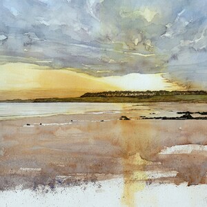 Winter Dawn, watercolour seascape fine art print of one of Fife&#39;s most beautiful beaches, signed by the artist