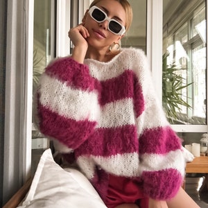 Hand knitted Fluffy Mohair Sweater Stripe Wool Sweater Bridal Sweater Wool Jumper Mohair Jumper Fuchsia Pink White Wool Oversized Cardigan