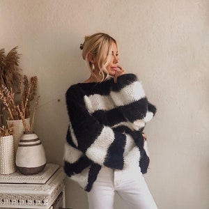 Personalized Sweater Navy White Striped Mohair Name Sweater Lightweight Hand Knit Mohair Jumper Custom made Sweater Customized Gift