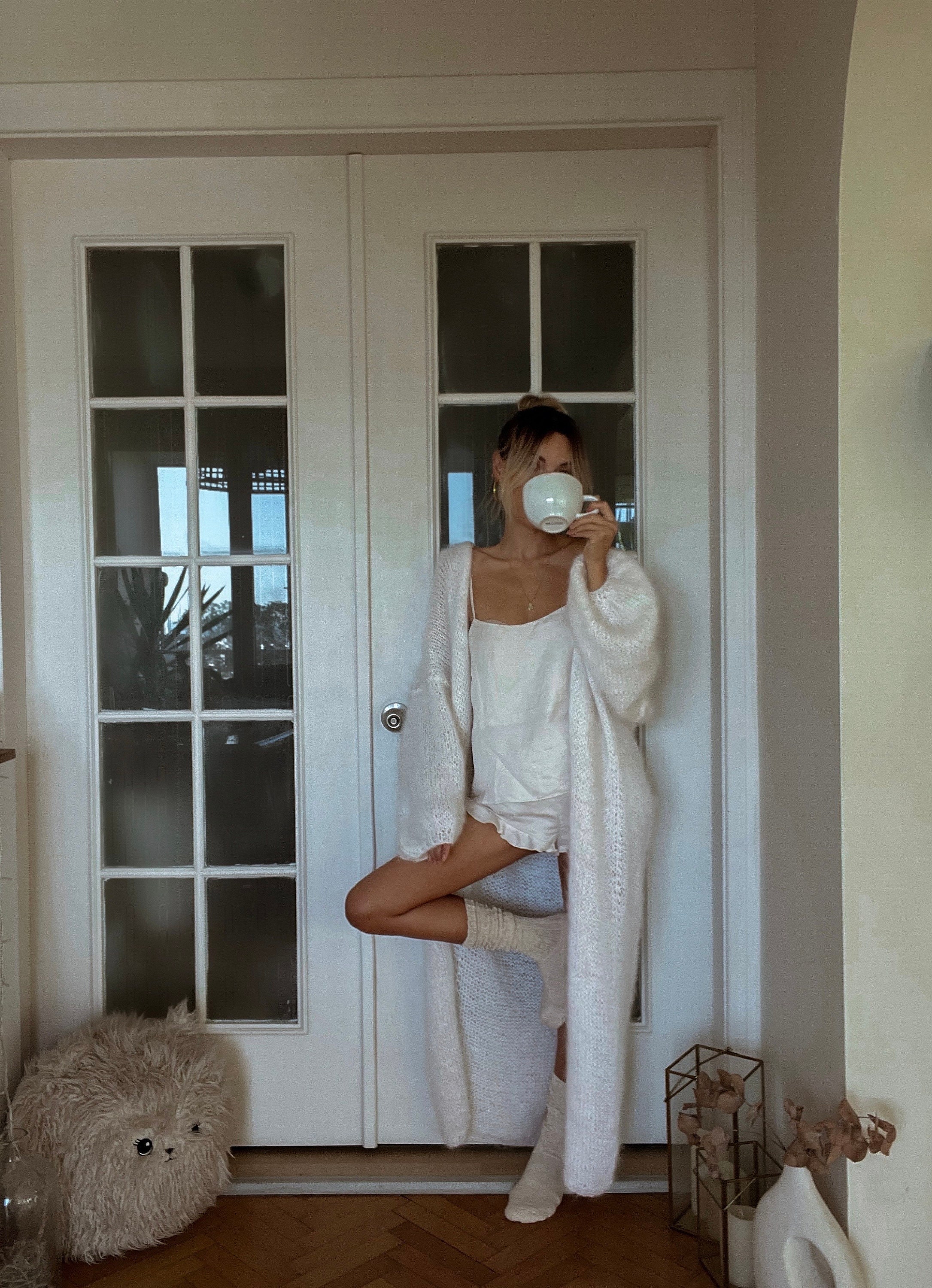Long Flowing White Mohair Cardigan, Maxi Cardigan, Ankle Long Flowing White Mohair Cardigan, Maxi Cardigan, Ankle
