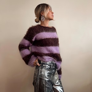 Brushed Striped Sweater Raisin Red/Lilac, Hand Knit Mohair Jumper, Festive Pullover, Pullover Sweaters