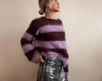 Maglione a righe spazzolato rosso uva passa/lilla, maglione in mohair lavorato a mano, pullover festivo, maglioni pullover