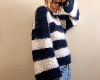 Navy and White  Mohair Sweater Personalized Pullover Striped Mohair Lightweight Hand Knit Mohair Jumper Custom made Sweater Customized Gift