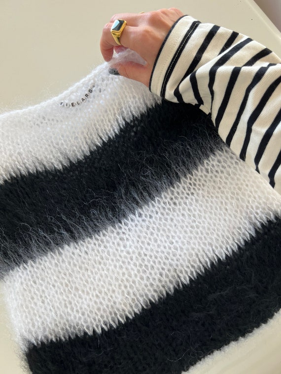 Striped Brushed Mohair Sweater, Spring Fluffy Hand Knit Striped Brushed Mohair Sweater, Spring Fluffy Hand Knit