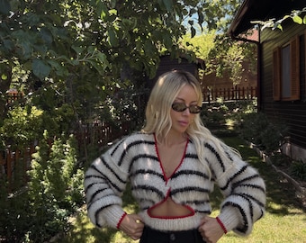 Hand-Knitted Mohair Alpaca Sweater: Striped Cutout Pullover with Crochet Trim