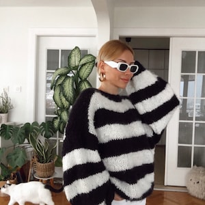 Hand knitted Fluffy Mohair Sweater Stripe Wool Sweater Bridal Sweater Knitted Jumper Mohair Jumper Navy White Wool Sweater Chunky Oversized