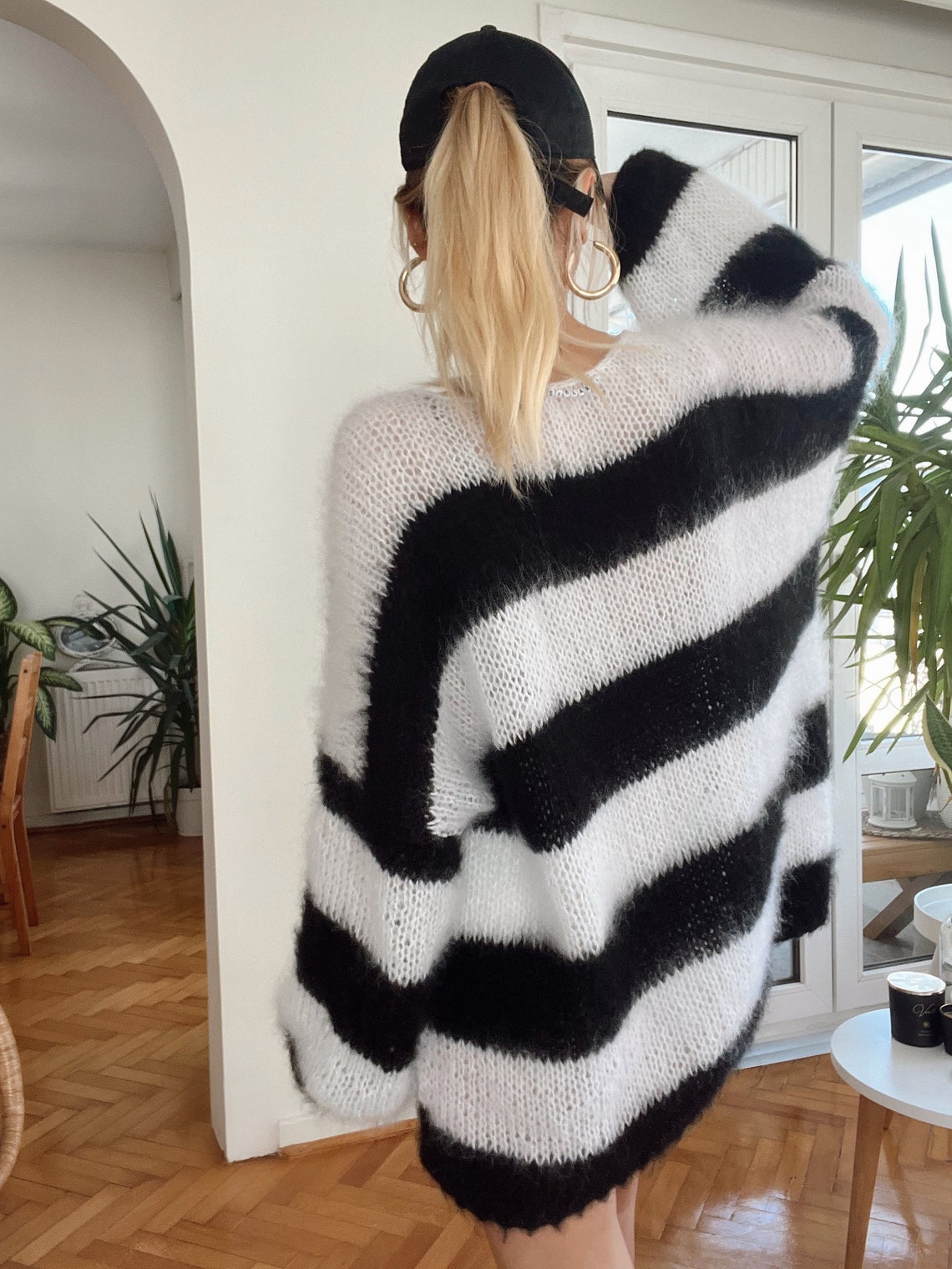 Striped Brushed Mohair Sweater, Spring Fluffy Hand Knit Pullover, Fuzzy ...